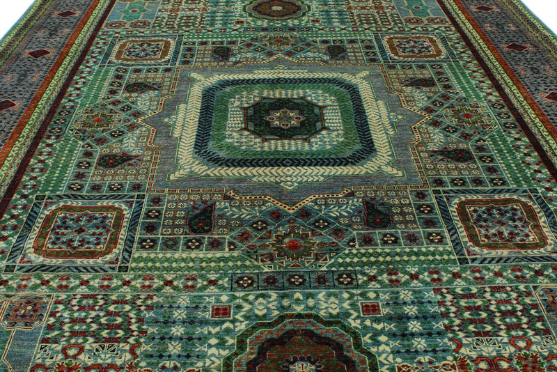 10x13 Green and Gray Turkish Tribal Rug