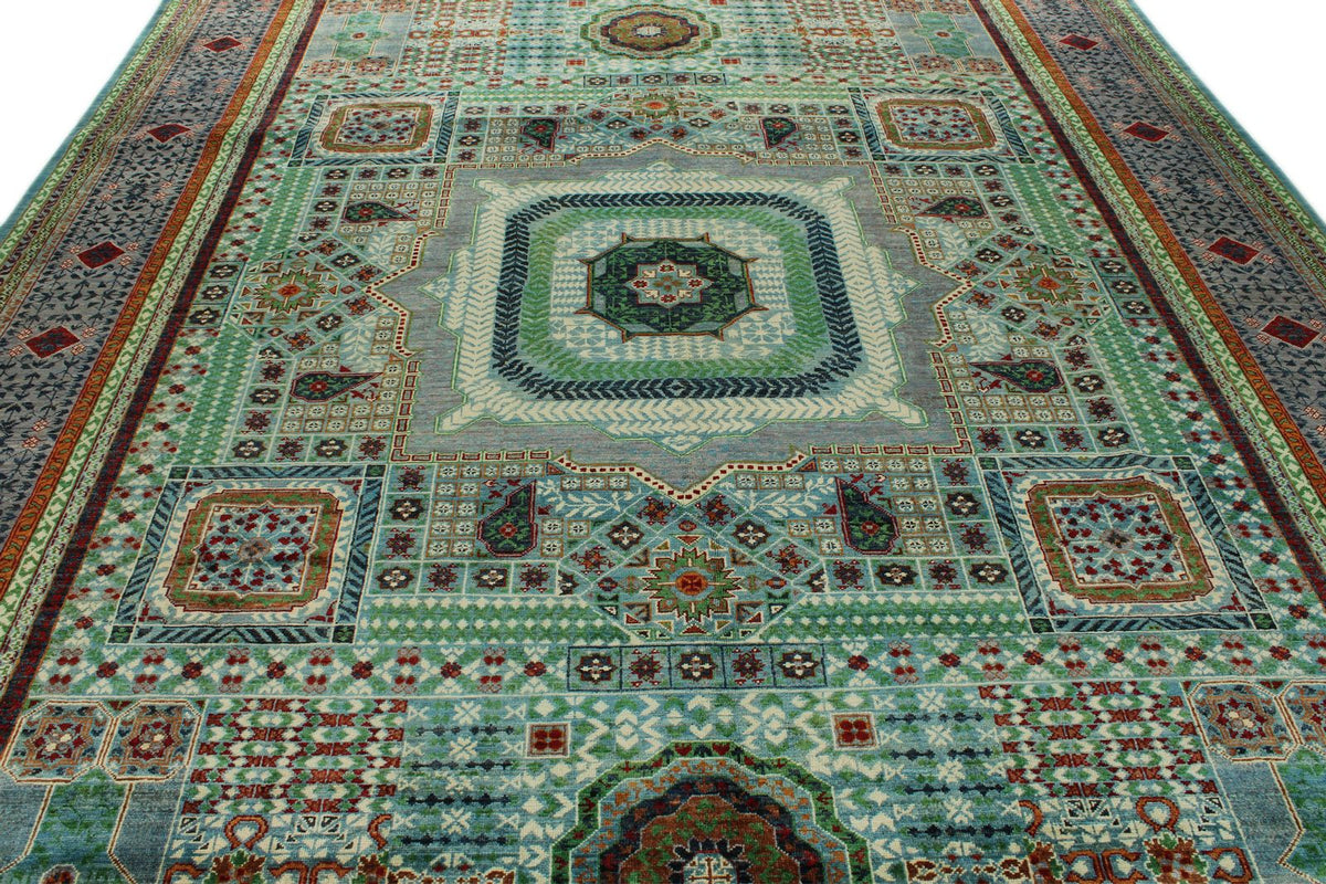 10x13 Green and Gray Turkish Tribal Rug