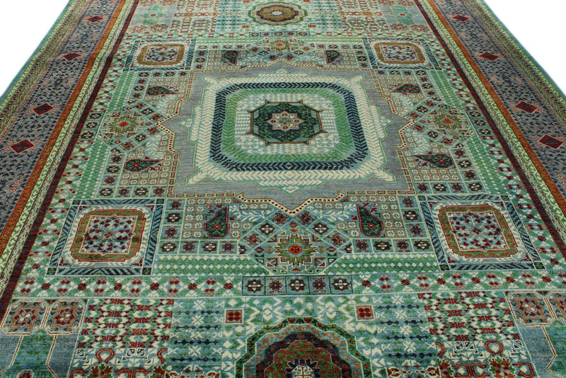 10x13 Green and Gray Turkish Tribal Rug
