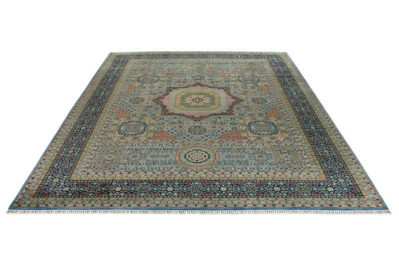 10x13 Light Blue and Multicolor Turkish Tribal Rug