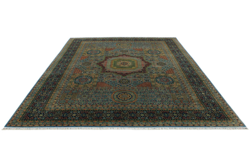 10x13 Light Blue and Multicolor Turkish Tribal Rug