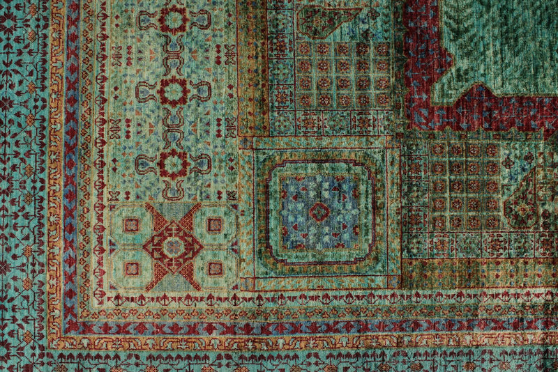 8x10 Light Green and Turquoise Turkish Tribal Rug