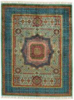 5x7 Light Green and Navy Turkish Tribal Rug