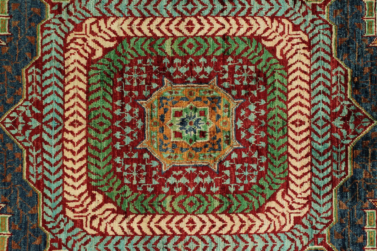 5x7 Light Green and Navy Turkish Tribal Rug