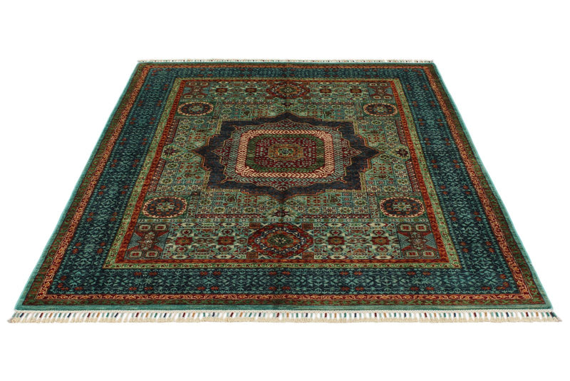 5x7 Light Green and Navy Turkish Tribal Rug