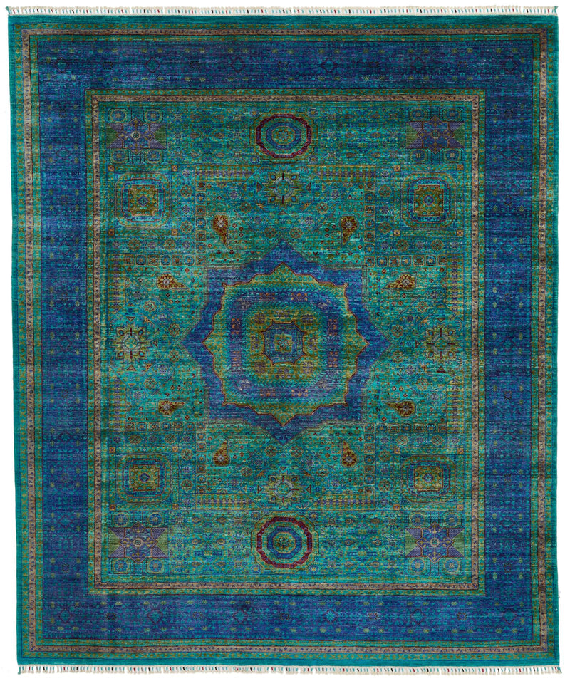 8x10 Turquoise and Navy Turkish Tribal Rug