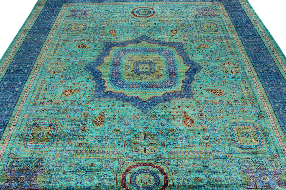 8x10 Turquoise and Navy Turkish Tribal Rug