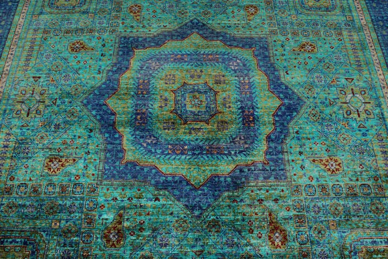 8x10 Turquoise and Navy Turkish Tribal Rug