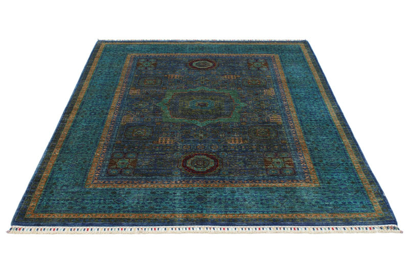 5x7 Navy and Blue Turkish Tribal Rug