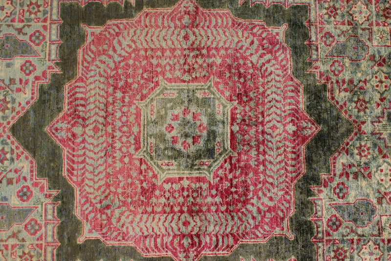 7x10 Magenta and Olive Green Turkish Tribal Rug