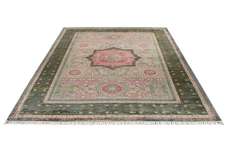 7x10 Magenta and Olive Green Turkish Tribal Rug