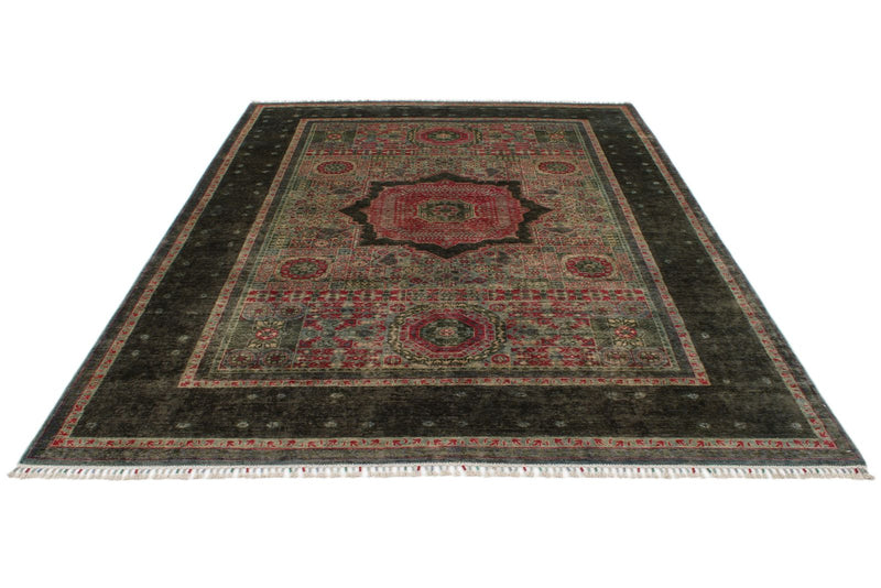 7x10 Magenta and Olive Green Turkish Tribal Rug