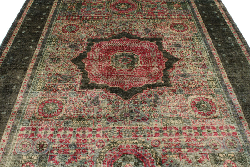 7x10 Magenta and Olive Green Turkish Tribal Rug