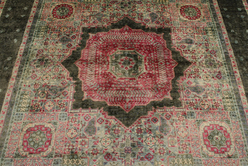 7x10 Magenta and Olive Green Turkish Tribal Rug