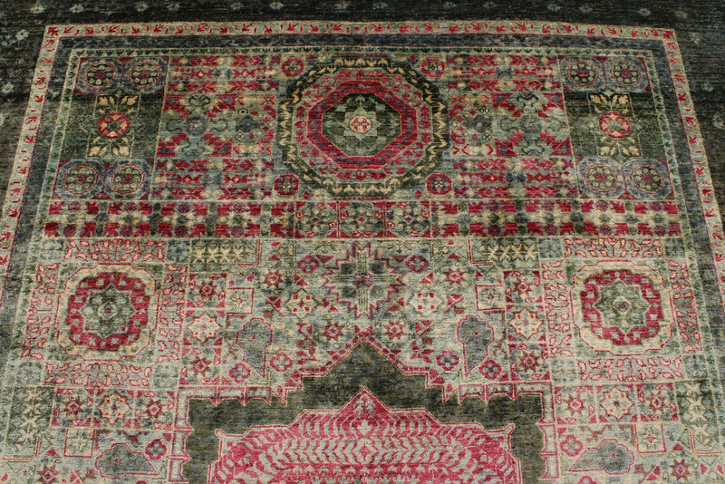 7x10 Magenta and Olive Green Turkish Tribal Rug