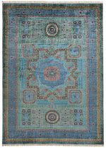 7x10 Light Blue and Green Turkish Tribal Rug