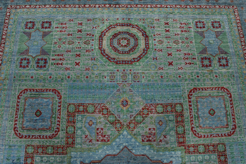 7x10 Light Blue and Green Turkish Tribal Rug