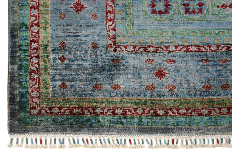 7x10 Light Blue and Green Turkish Tribal Rug