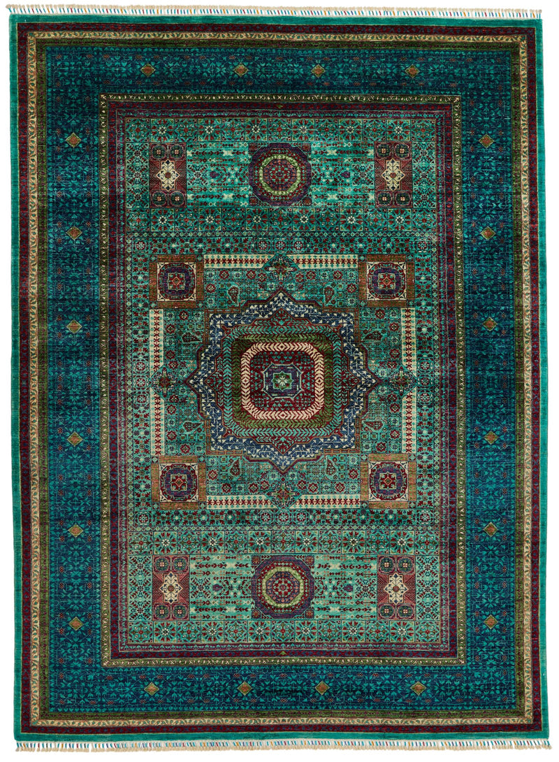 7x10 Light Blue and Navy Turkish Tribal Rug