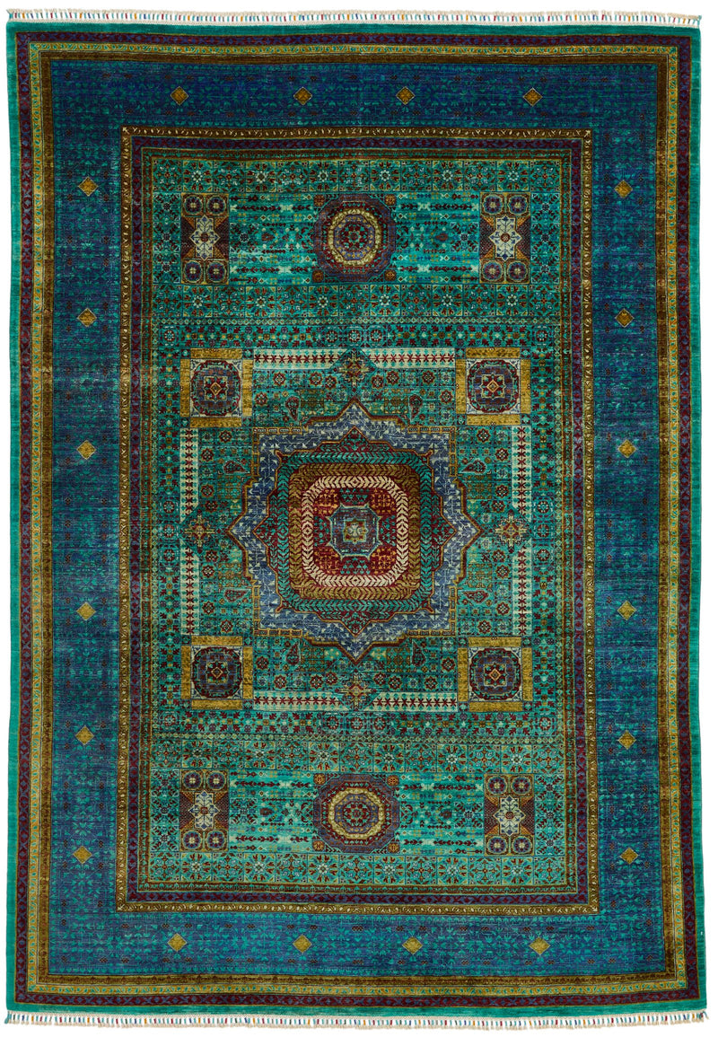 7x10 Green and Blue Turkish Tribal Rug