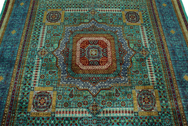 7x10 Green and Blue Turkish Tribal Rug