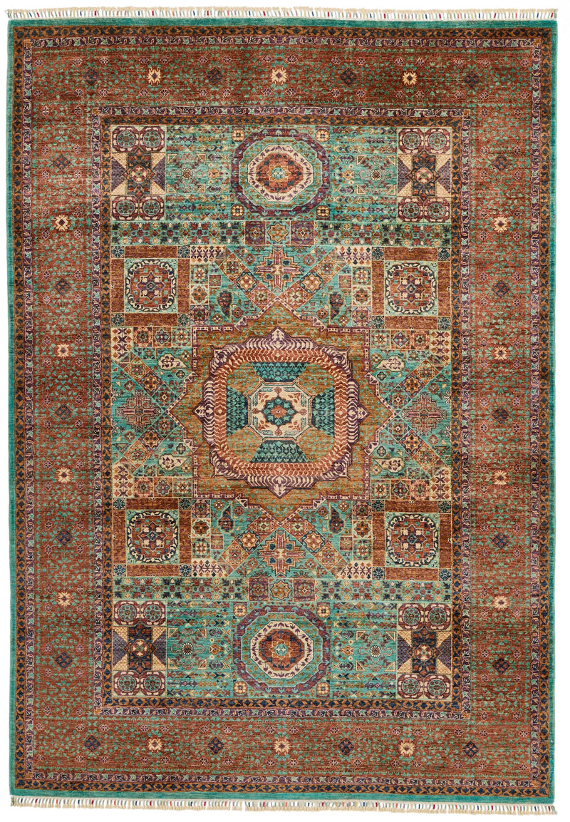 7x10 Green and Rust Turkish Tribal Rug