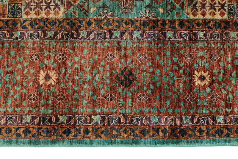 7x10 Green and Rust Turkish Tribal Rug