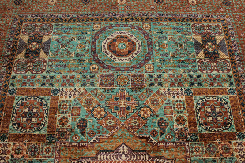 7x10 Green and Rust Turkish Tribal Rug