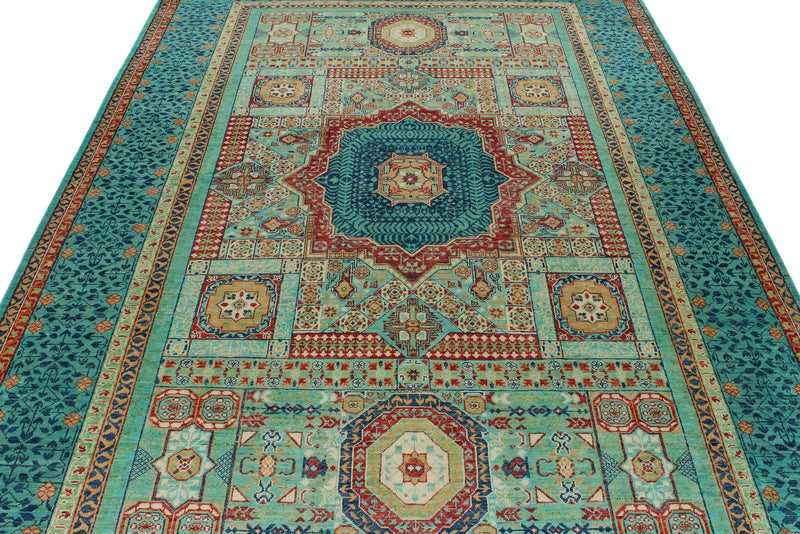 7x10 Light Green and Blue Turkish Tribal Rug