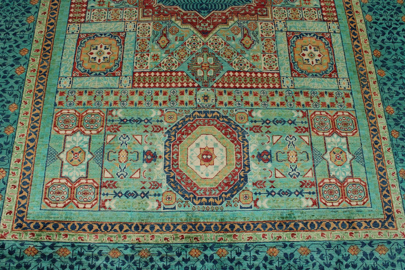 7x10 Light Green and Blue Turkish Tribal Rug