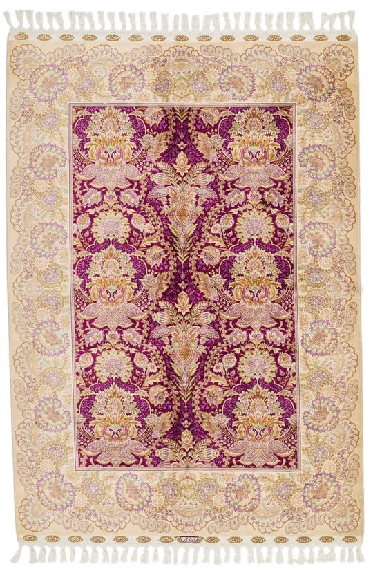 5x7 Purple and Ivory Turkish Silk Rug