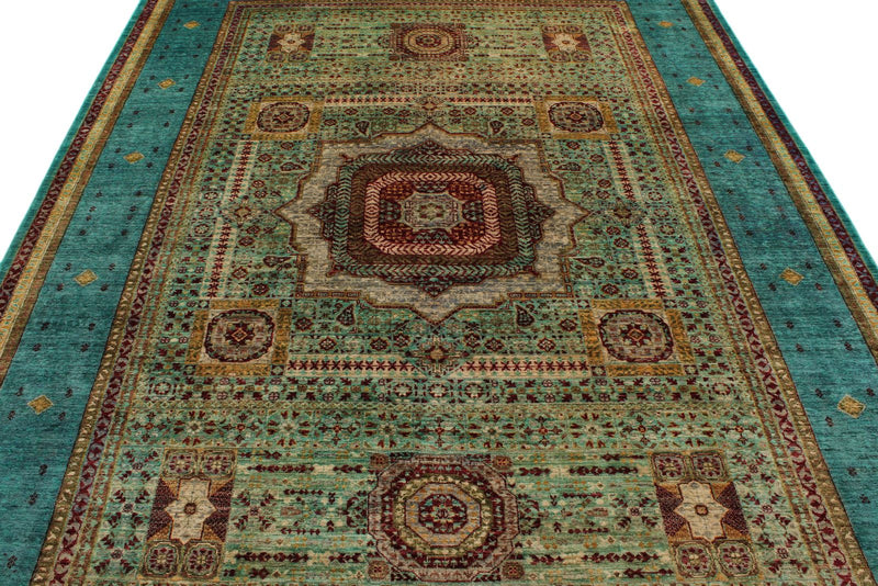 7x10 Green and Blue Turkish Tribal Rug