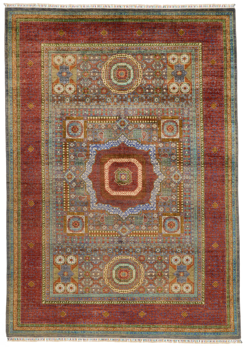 7x10 Light Blue and Red Turkish Tribal Rug