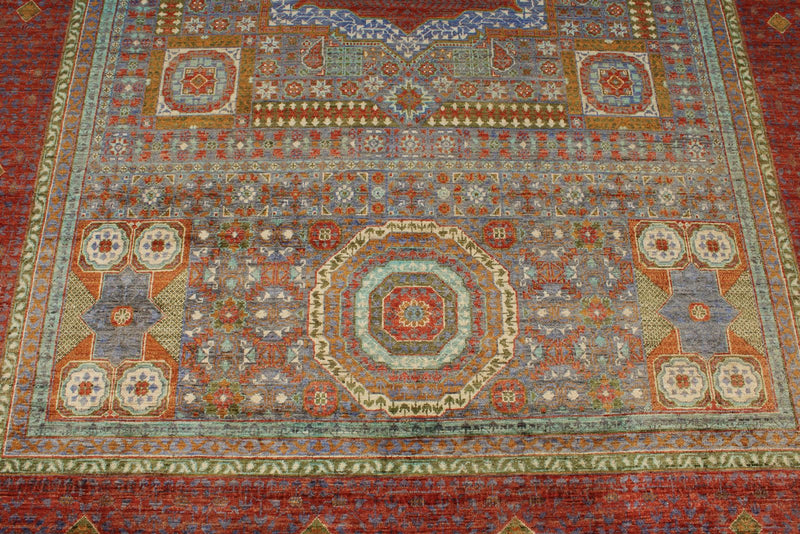 7x10 Light Blue and Red Turkish Tribal Rug