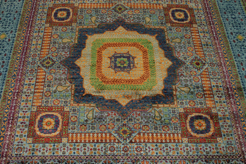 7x10 Multicolor and Blue Turkish Tribal Rug