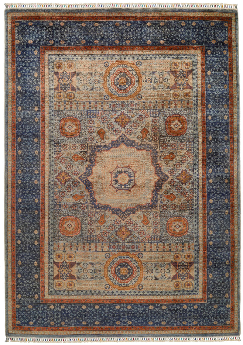 6x8 Light Camel and Navy Turkish Tribal Rug