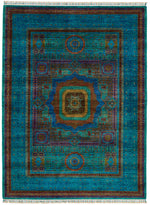 6x8 Green and Multicolor Turkish Tribal Rug