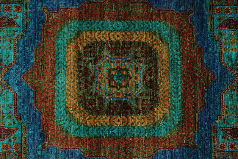 6x8 Green and Multicolor Turkish Tribal Rug