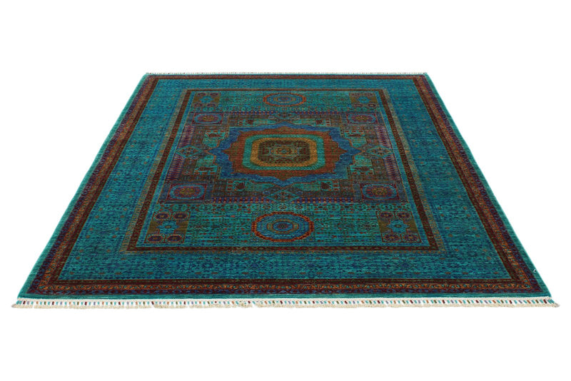 6x8 Green and Multicolor Turkish Tribal Rug