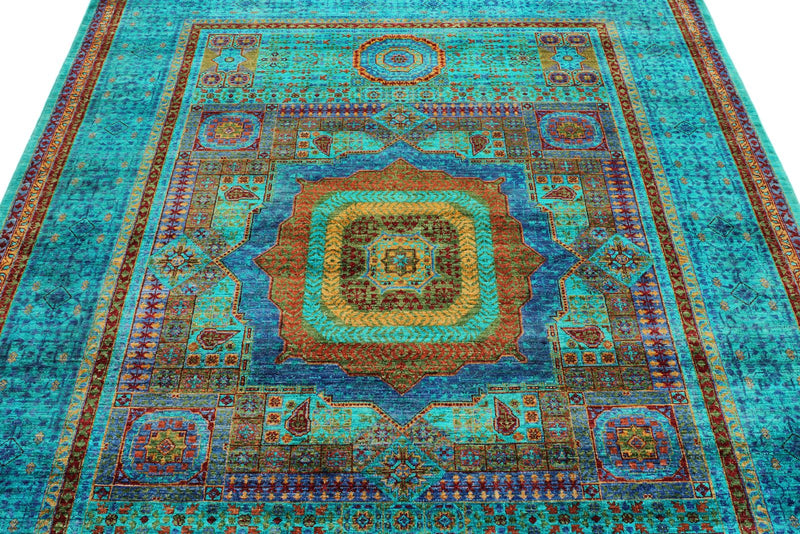 6x8 Green and Multicolor Turkish Tribal Rug