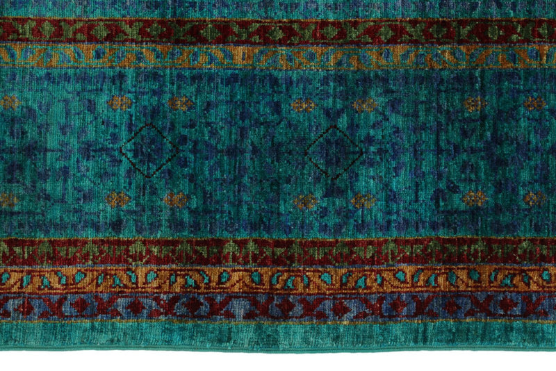 6x8 Green and Multicolor Turkish Tribal Rug