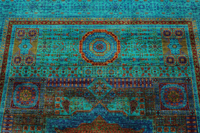 6x8 Green and Multicolor Turkish Tribal Rug