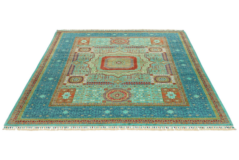 6x8 Green and Blue Turkish Tribal Rug