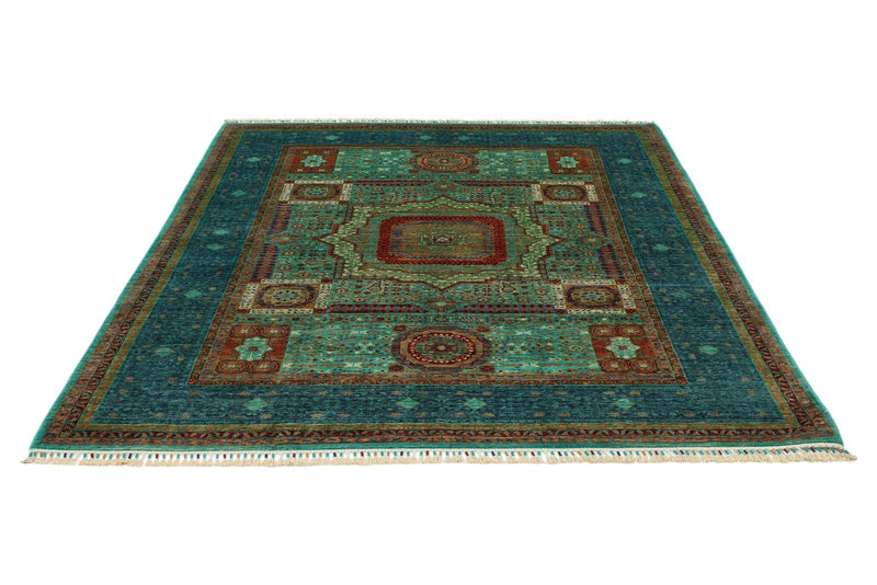 6x8 Green and Blue Turkish Tribal Rug