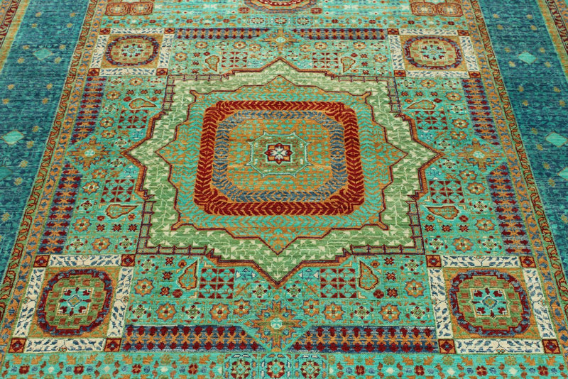 6x8 Green and Blue Turkish Tribal Rug