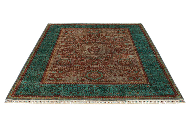 6x8 Light Brown and Turquoıse Turkish Tribal Rug