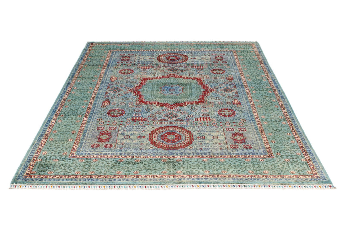 6x8 Gray and Green Turkish Tribal Rug