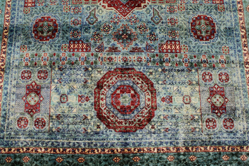 6x8 Gray and Green Turkish Tribal Rug