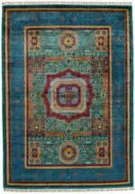 6x8 Green and Navy Turkish Tribal Rug