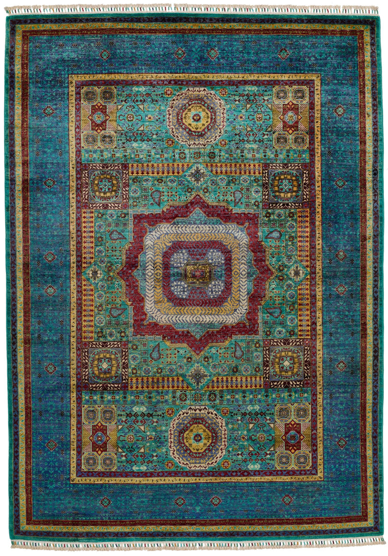 6x8 Green and Navy Turkish Tribal Rug